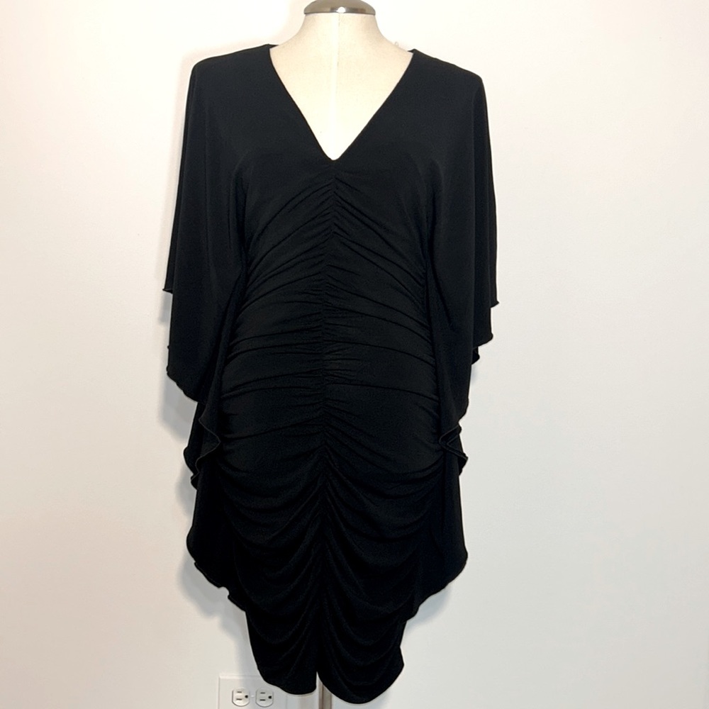 Nicole Miller V-Neck Batwing Sleeve Bodycon Ruched Black Cocktail Dress Size M